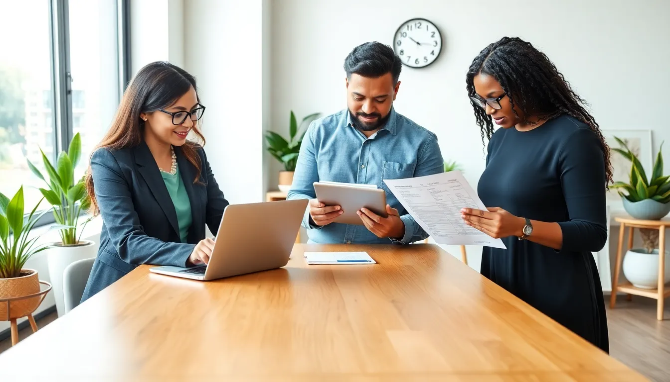 freelancers discussing invoices in a modern office setting.