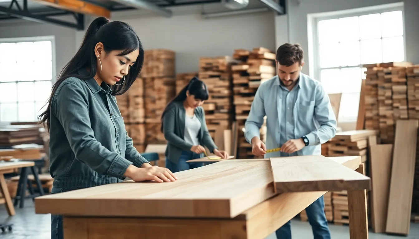 diverse group working on wood DIY projects in a modern workshop.