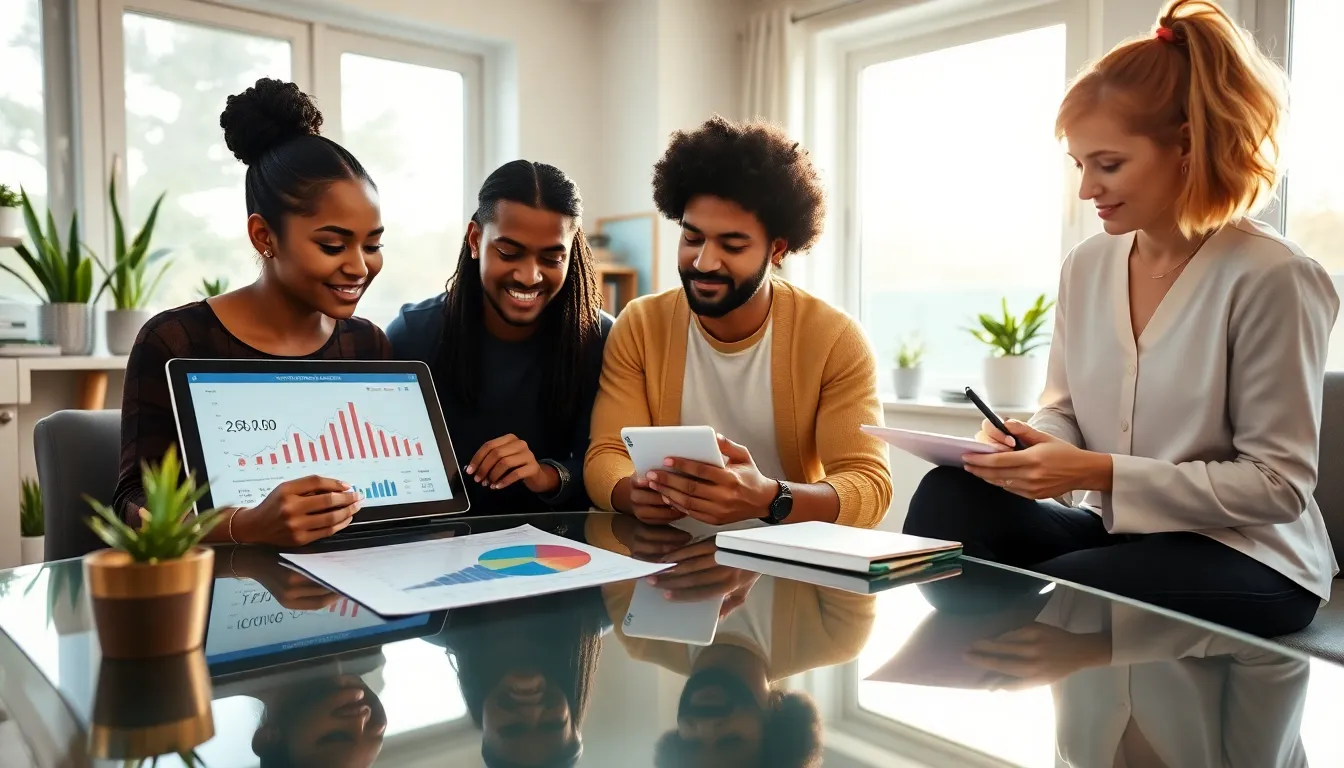 diverse team of freelancers discussing financial planning in a modern office.