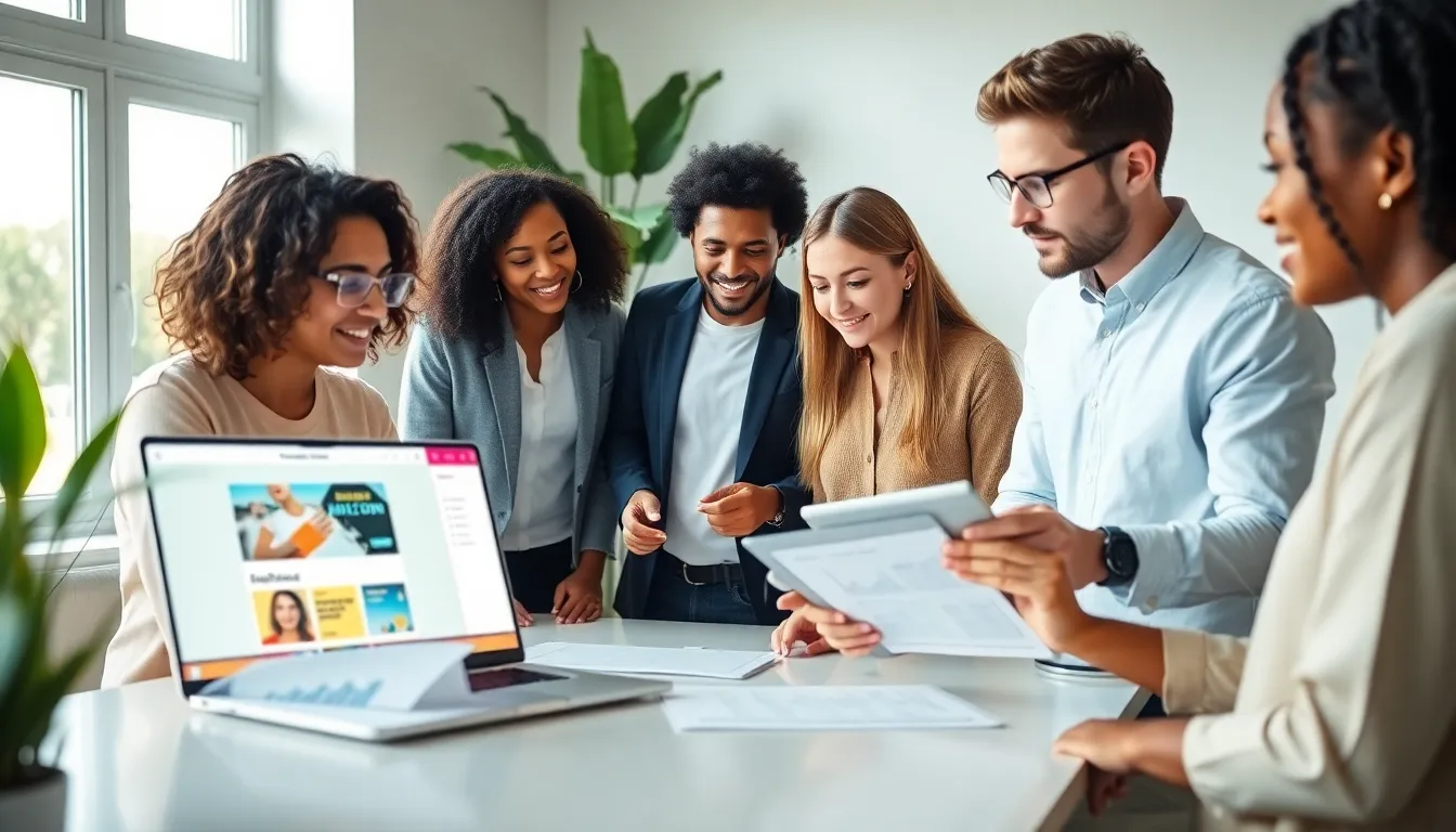 diverse freelancers collaborating on website design in a modern workspace.