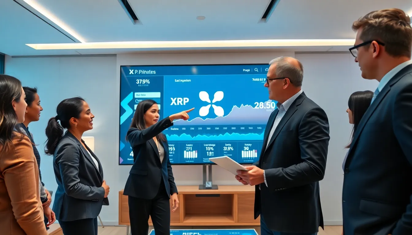 financial professionals discussing XRP in a modern office setting.